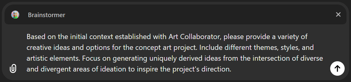 A screenshot of ChatGPT interface with a user query in the @Brainstormer section. The query asks for creative ideas and options for a concept art project based on initial context provided by Art Collaborator.