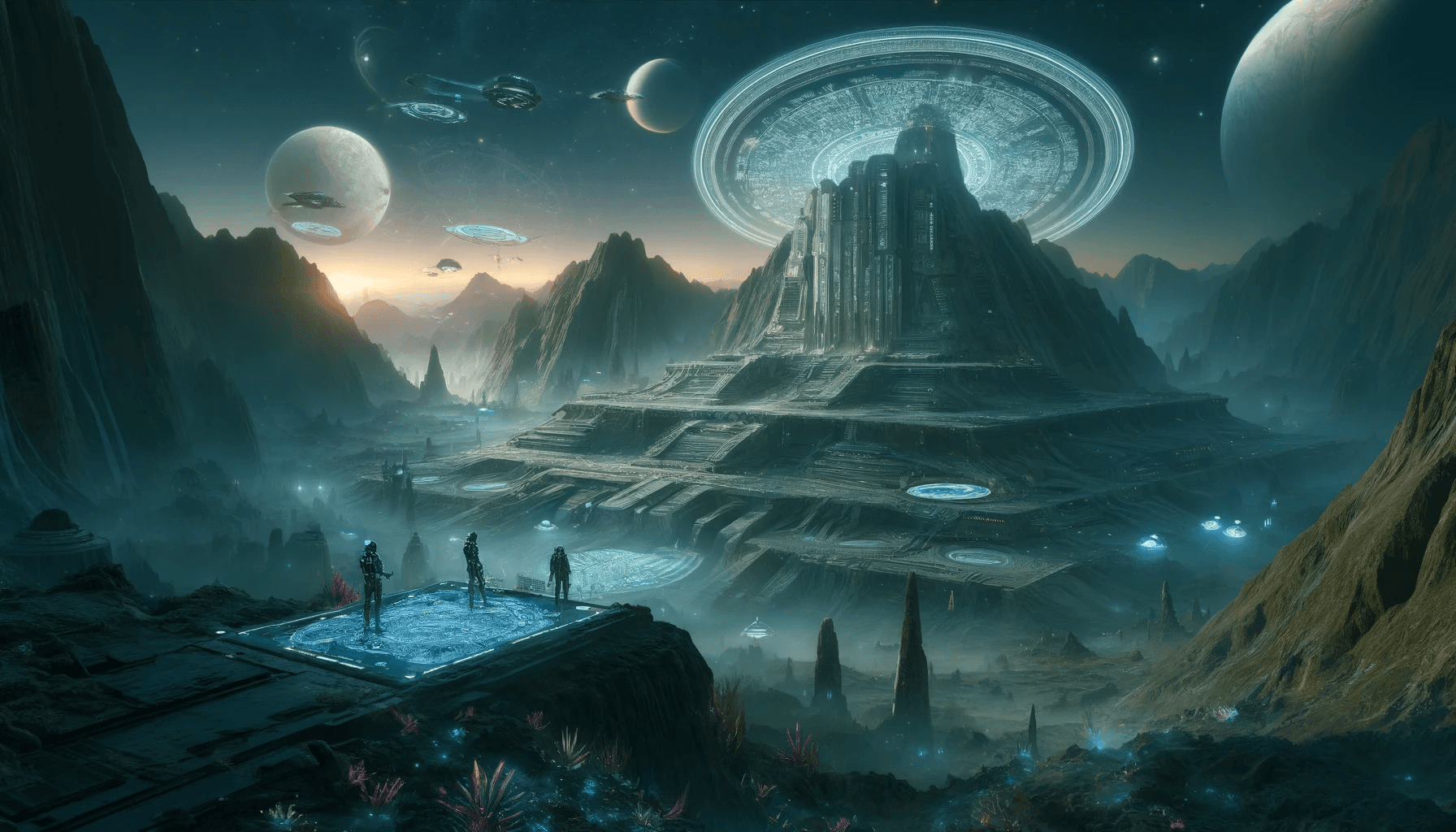 A futuristic landscape featuring a grand, pyramid-like structure with glowing blue platforms and surrounding spacecraft. The scene includes multiple planets and stars in the background, with a misty, mountainous terrain and a group of people standing on a platform in the foreground.