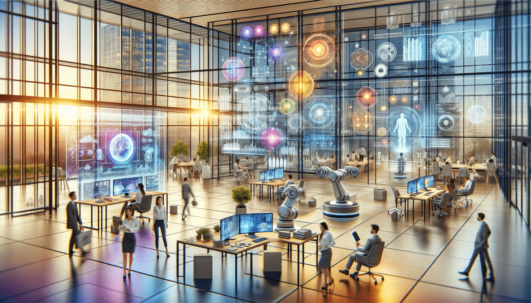 A modern, high-tech office space with large glass walls offering a view of a cityscape at sunset. Inside, diverse professionals work at various desks equipped with advanced computer systems and holographic displays. Robotic arms and digital screens with futuristic data visuals are prominent, and the atmosphere is dynamic with people walking, collaborating, and engaging with technology. The scene exudes innovation and a blend of human and artificial intelligence.
