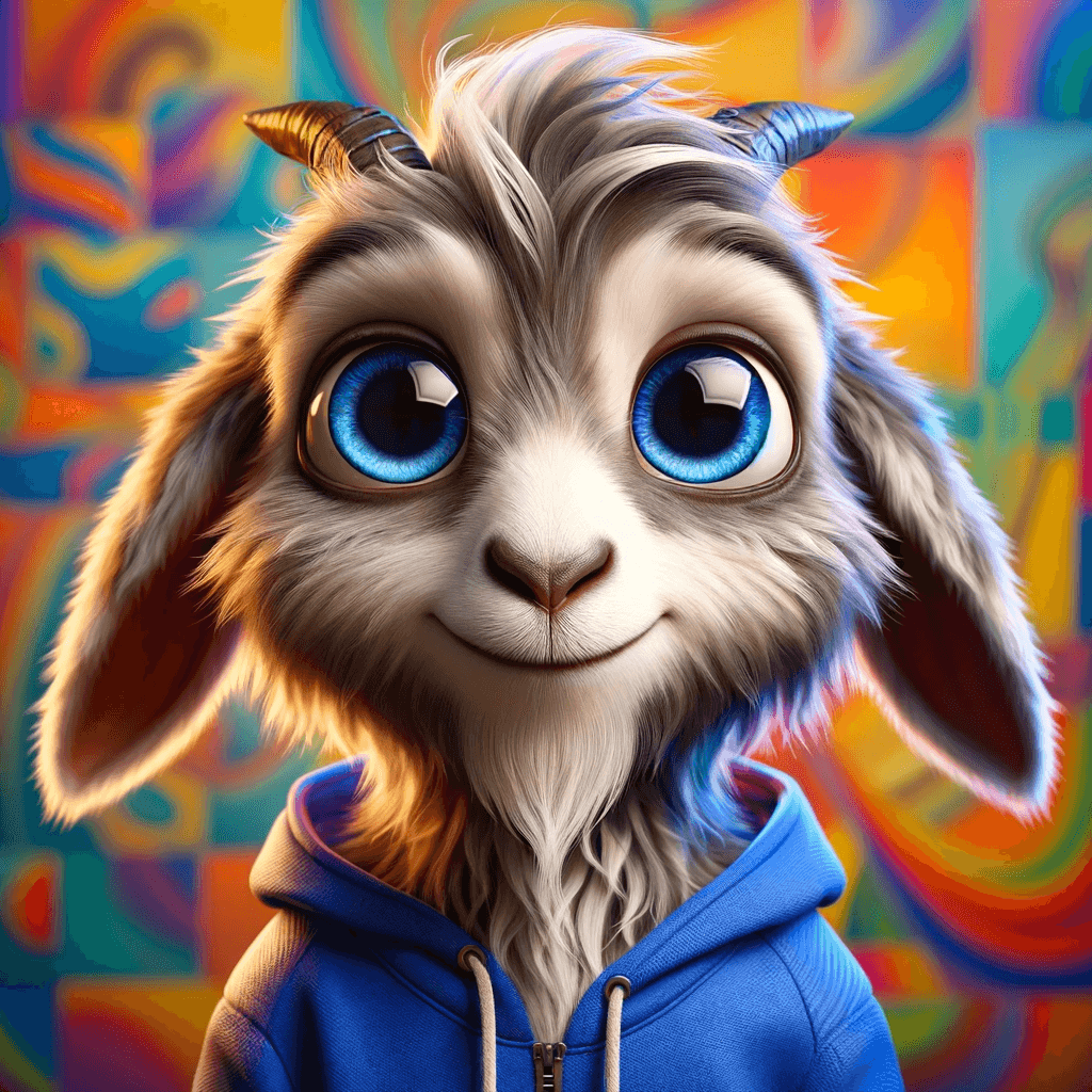 Digital art of a friendly goat wearing a blue hoodie against a colorful graffiti background.