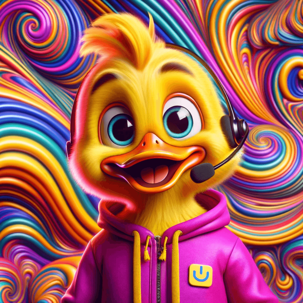 Art of a yellow duck in a pink hoodie, with vibrant pink, blue, and purple swirls.