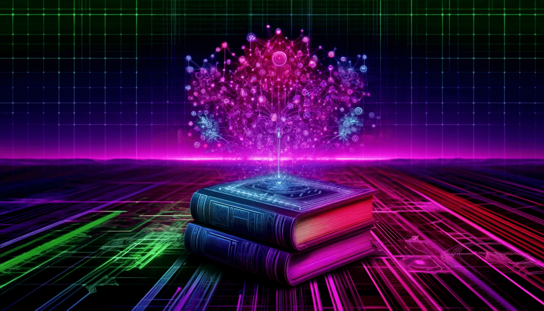 The image features a vibrant digital artwork that combines technology and nature. It showcases a stack of two books on a grid surface, bathed in neon lights. From the top book, a radiant tree emerges, composed of glowing nodes and connections, symbolizing the growth of knowledge or data. The background is dark with green grids and lines, creating depth and perspective, while an aura of purple-pinkish light adds to the mystical ambiance. This artwork might represent the intersection of traditional knowledge with modern technology, highlighting the evolution of information in the digital age.