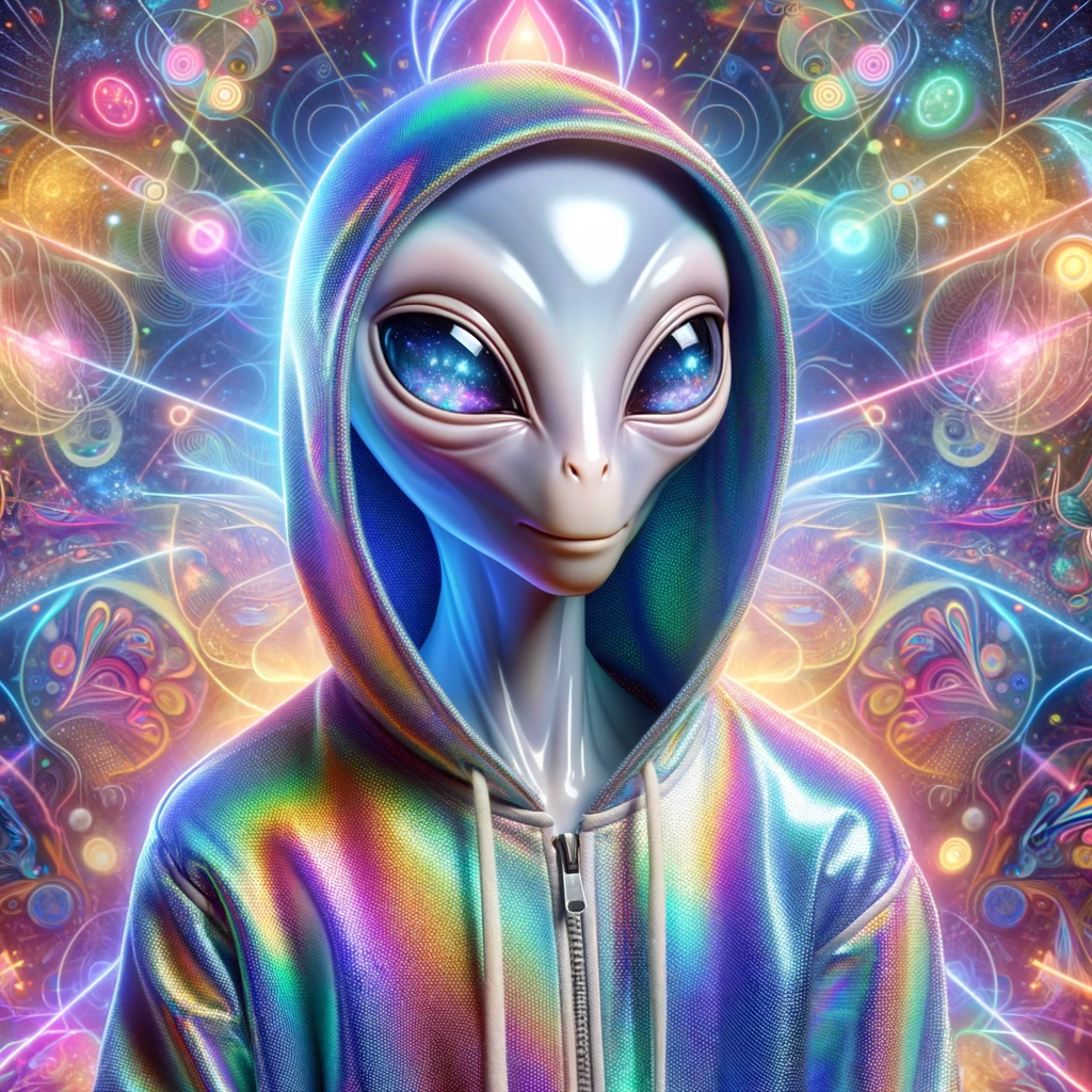 Image of an extraterrestrial in a silver, rainbow hoodie, with a neon cosmic background.