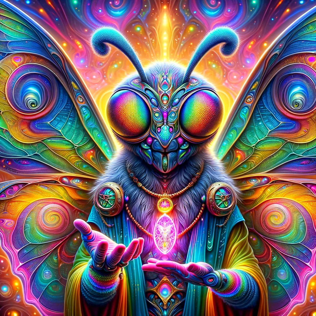 A vibrant, anthropomorphic butterfly with intricate patterns and jewelry, extending a hand in an ethereal, colorfully lit atmosphere.