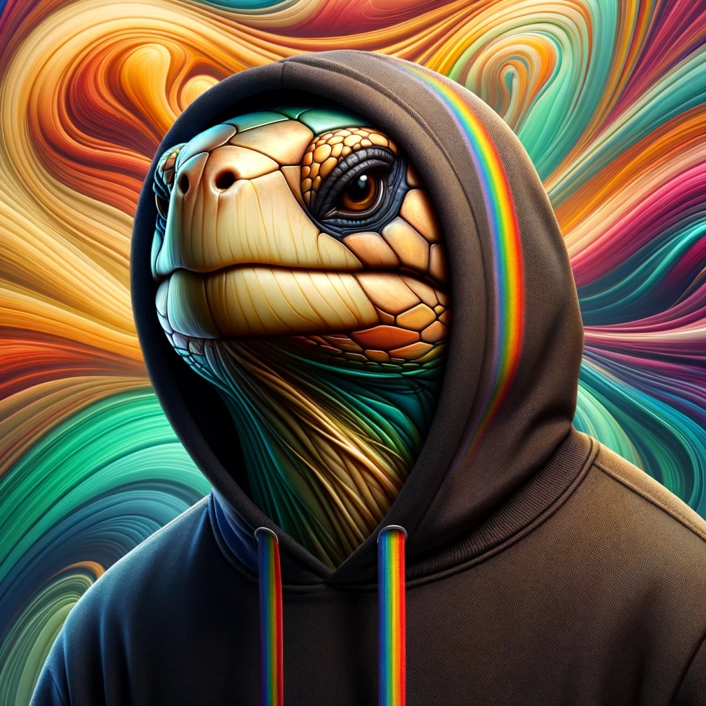 Image of a tortoise in a black hoodie with rainbow accents, set against an abstract background.