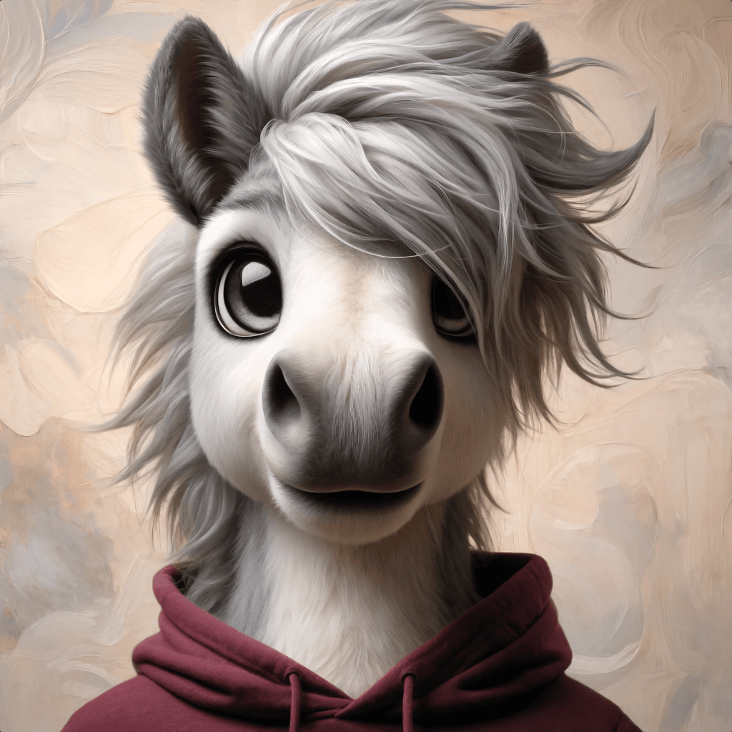 Anthropomorphic silver horse, dressed in a burgundy hoodie, set against a beige, abstract background.