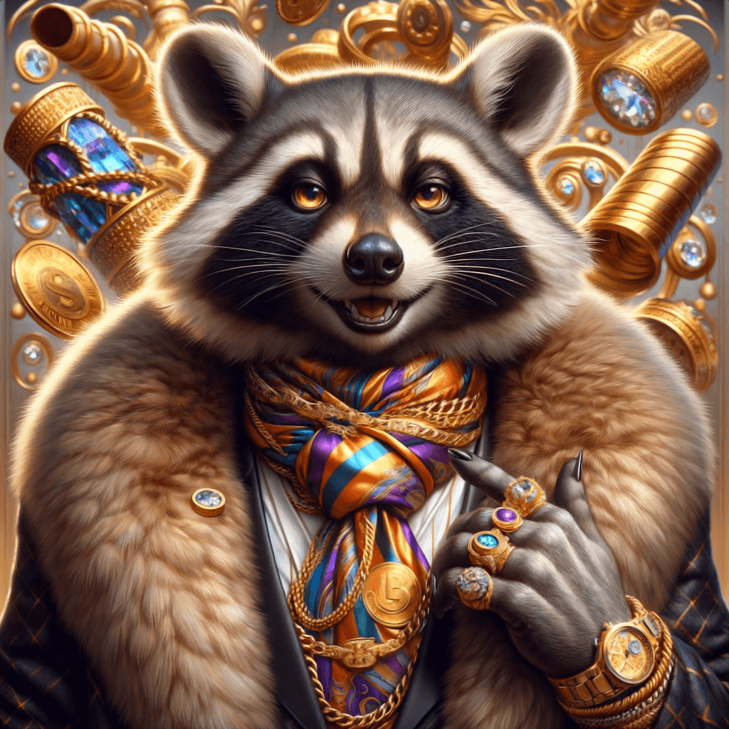 An anthropomorphic raccoon exuding opulence. They are clad in faux luxury and adorned with multiple gold rings set with colorful gems, a vibrant silk scarf, and a gold watch. The background is richly decorated with intricate golden designs and artifacts, enhancing the image's lavish feel.