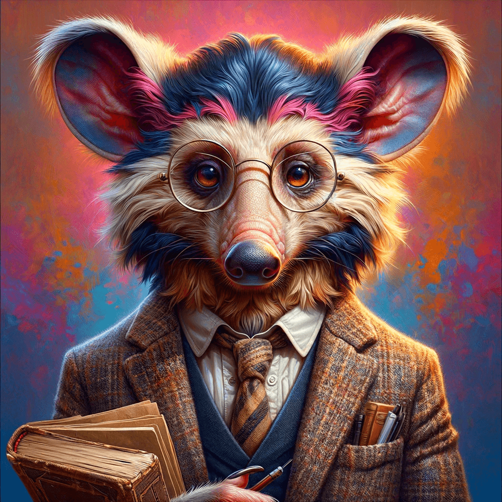 Anthropomorphic aardvark, dressed in scholarly, holding an antique book against a vibrant, artistic backdrop.
