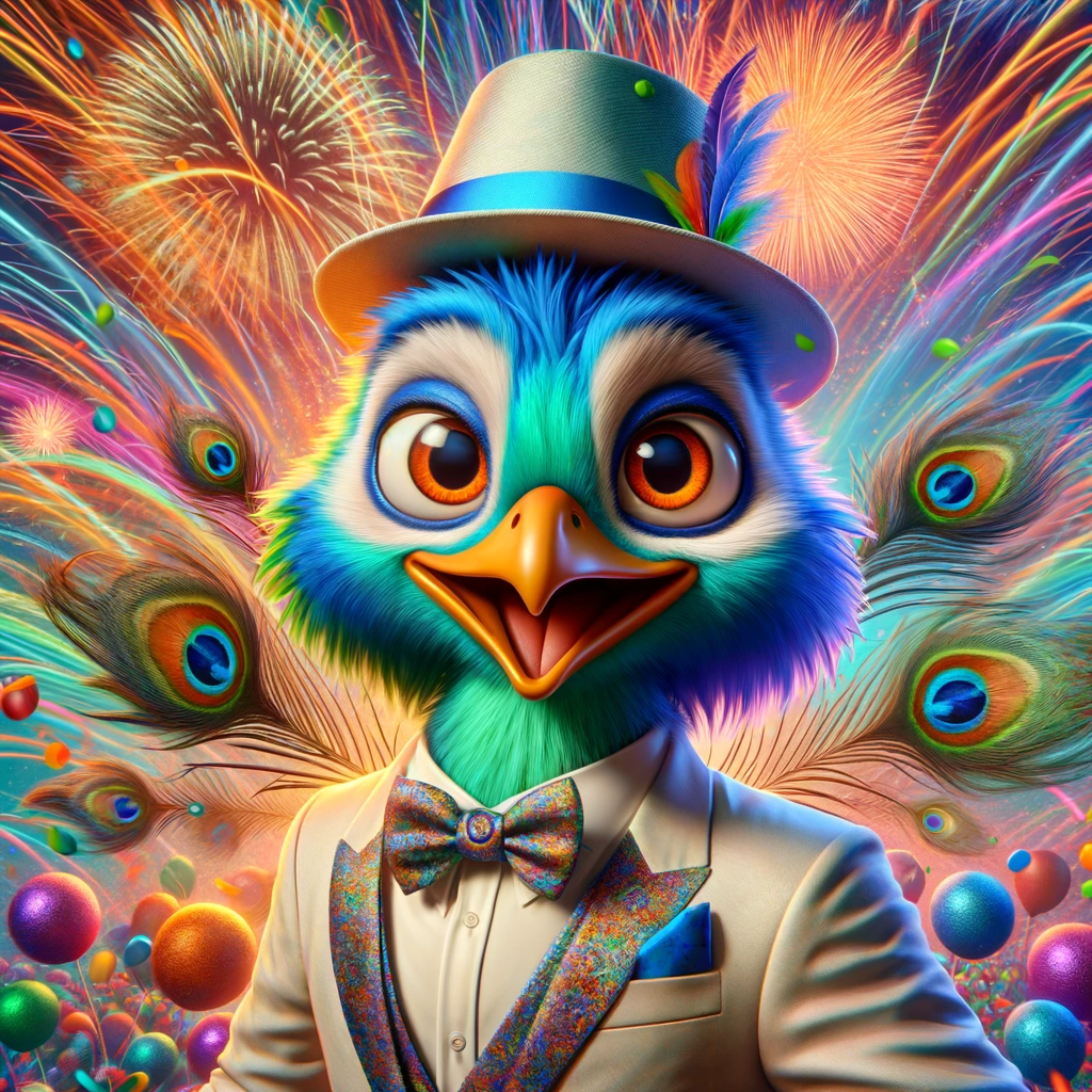 Peacock in a white suit and party hat, with festive New Year's fireworks in the background.