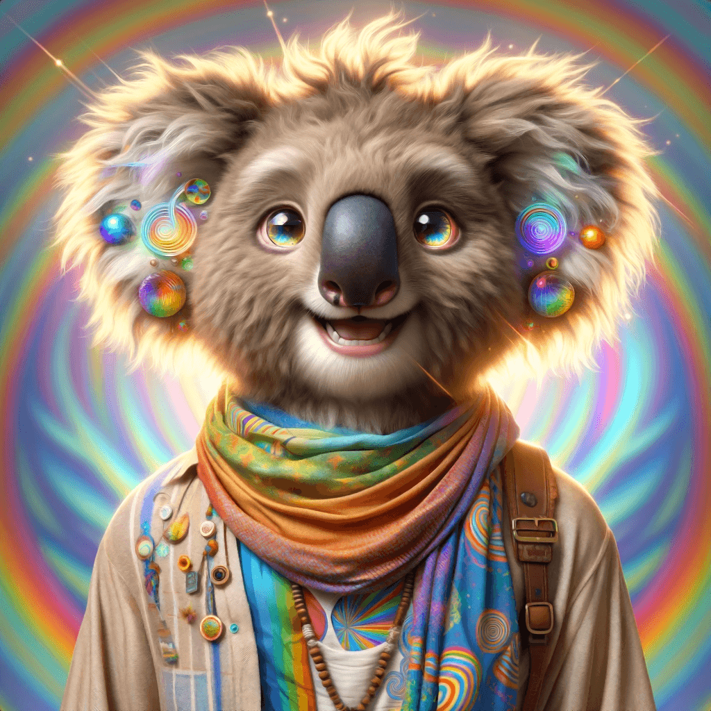 An anthropomorphic, fluffy brown koala is surrounded by radiant, colorful light. The koala is adorned with a multi-colored scarf and a coat embellished with various buttons. Its ears, embedded with swirling, vibrant orbs, emit light that enhances the fantastical ambiance of the composition.