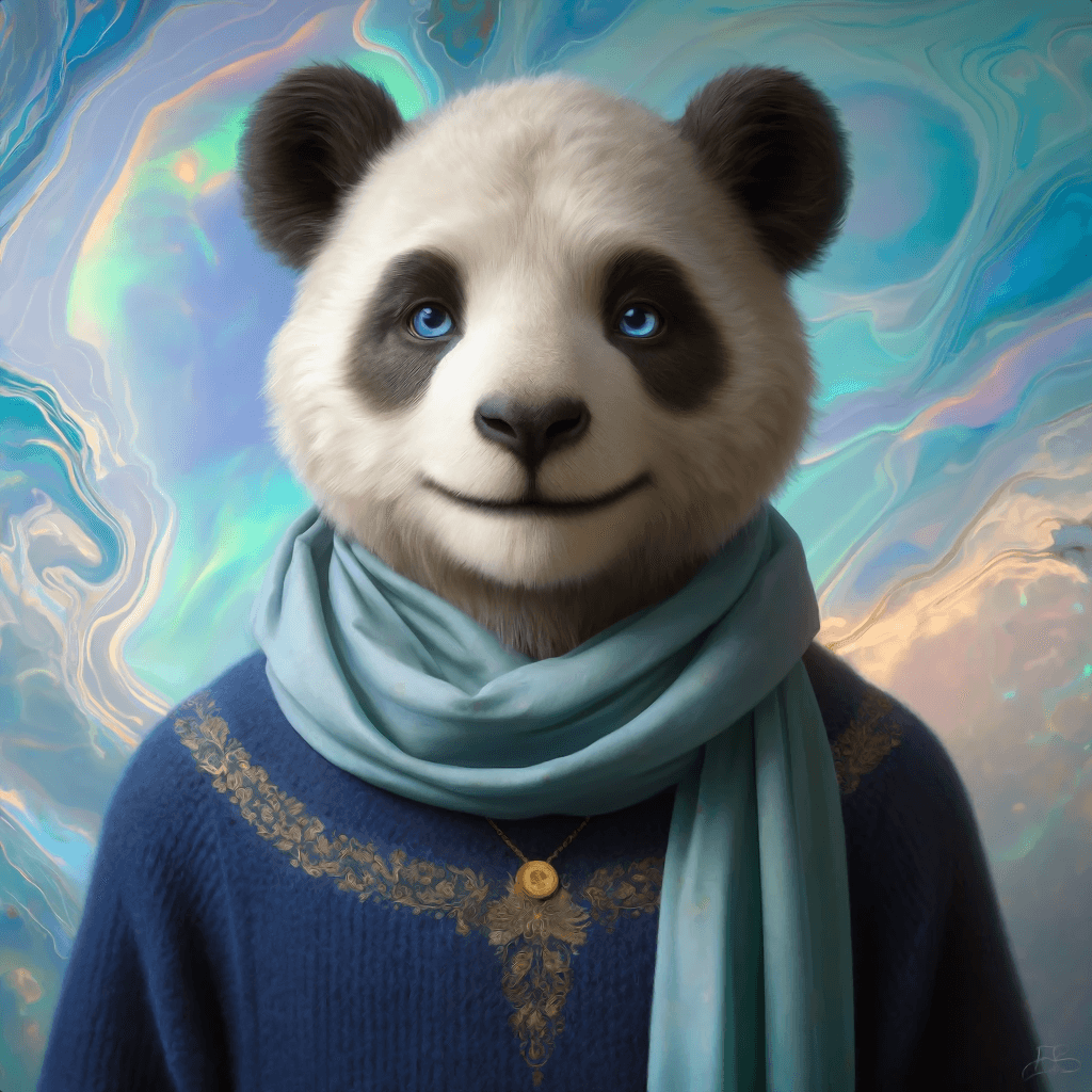 Anthropomorphic panda wearing a blue sweater adorned with intricate golden embroidery and a light blue scarf. The background displays an abstract, colorful pattern resembling fluid art with swirling hues of blue, white, and other colors.