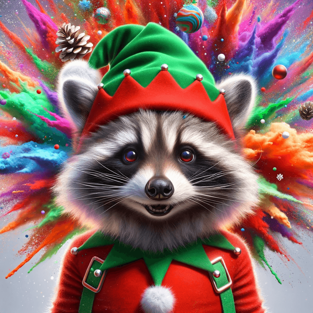 Raccoon dressed as an elf, with a vibrant abstract holiday-themed background.