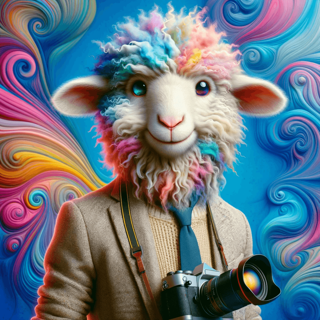 Anthropomorphic sheep, with multicolored wool, dressed in a suit, and holding a professional DSLR camera, set against a vibrant, abstract background.