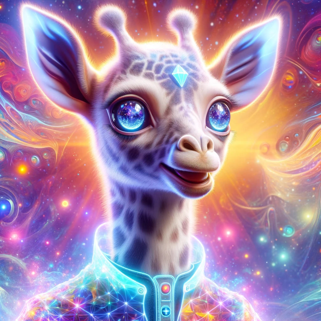 Anthropomorphic giraffe in a holographic 'timesuit', with a bright abstract background.