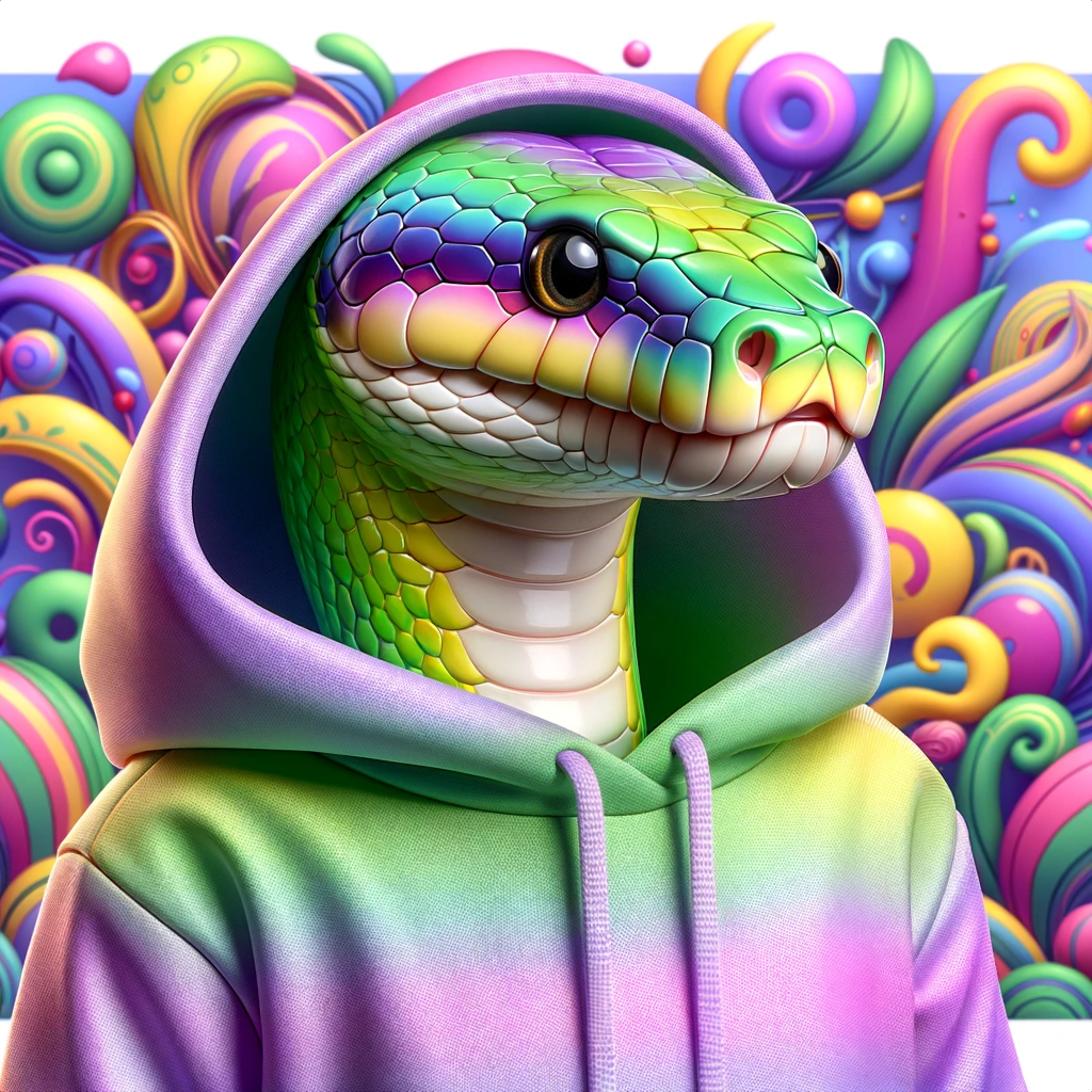 Colorful illustration of a python in a gradient hoodie, with psychedelic background patterns.
