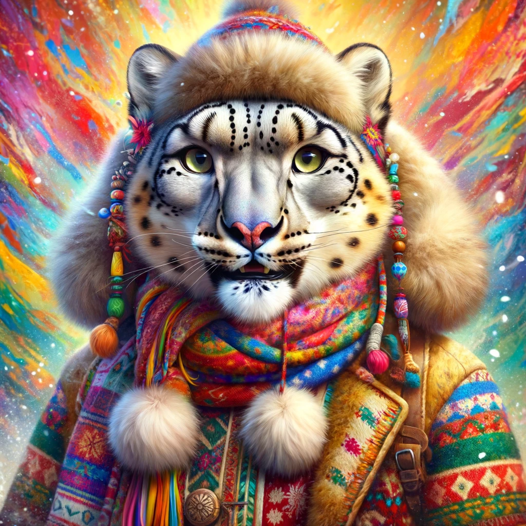 Snow leopard in vibrant festival attire, with a colorful winter wonderland background.