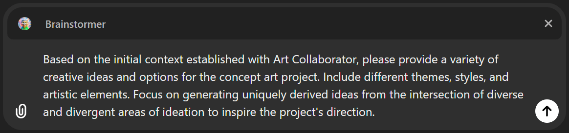 A screenshot of ChatGPT interface with a user query in the @Brainstormer section. The query asks for creative ideas and options for a concept art project based on initial context provided by Art Collaborator.
