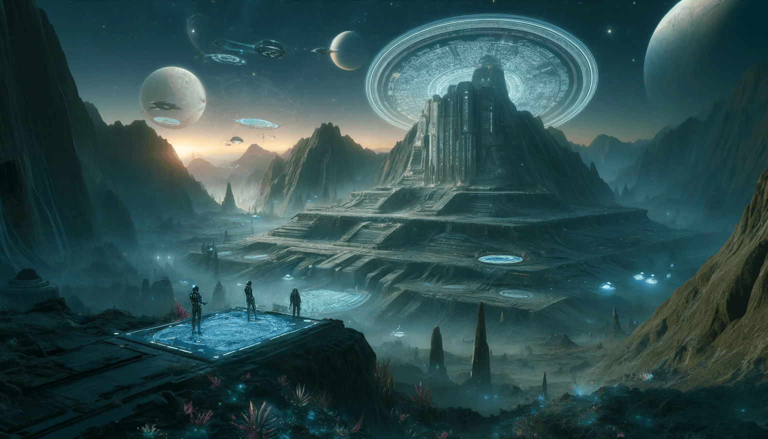 A futuristic landscape featuring a grand, pyramid-like structure with glowing blue platforms and surrounding spacecraft. The scene includes multiple planets and stars in the background, with a misty, mountainous terrain and a group of people standing on a platform in the foreground.