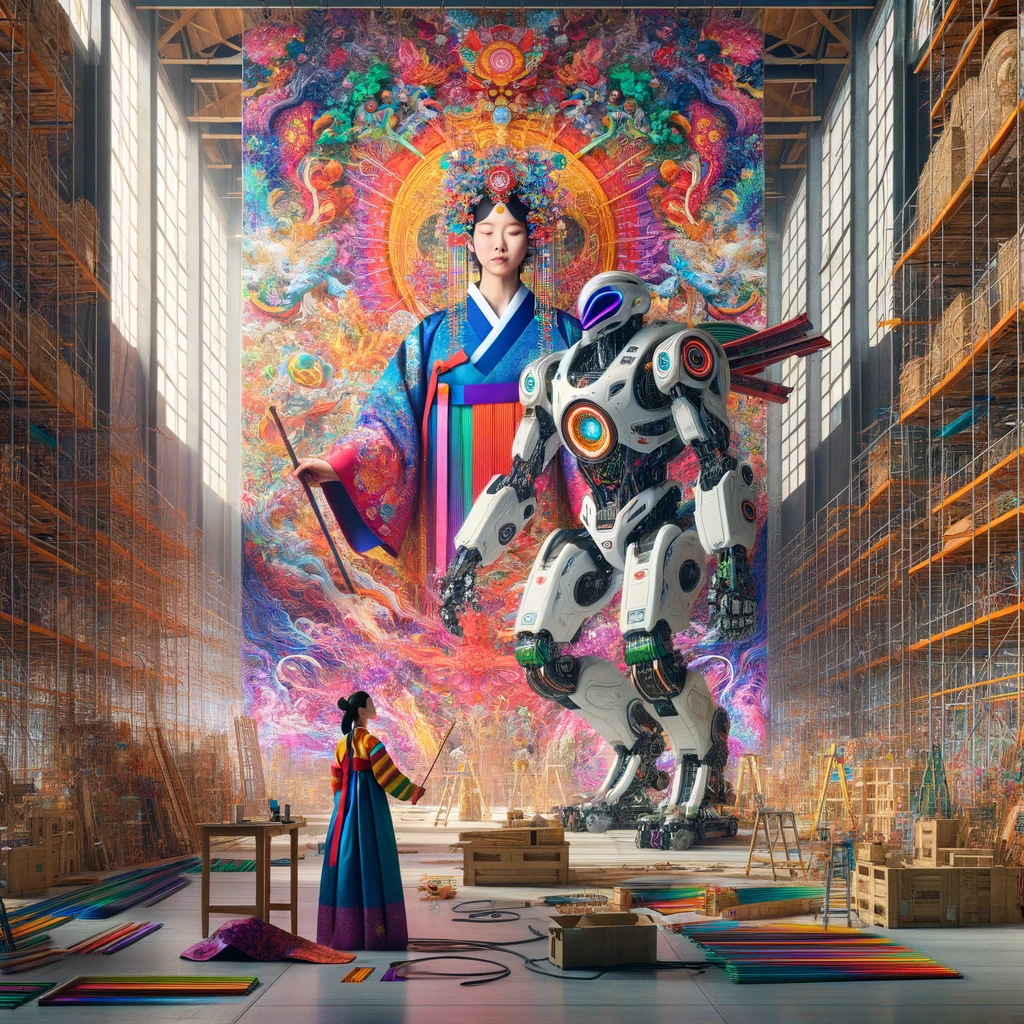 The image depicts a woman in traditional attire observing a large mural being painted by a humanoid robot in a spacious, well-lit studio. The mural is colorful and covers the entire back wall, blending traditional and futuristic art styles. The studio is filled with various painting supplies. Sunlight streams through tall windows, illuminating the scene and creating a bright and lively atmosphere. This image reflects the intersection of art and technology, showcasing how robots can contribute to creative processes.