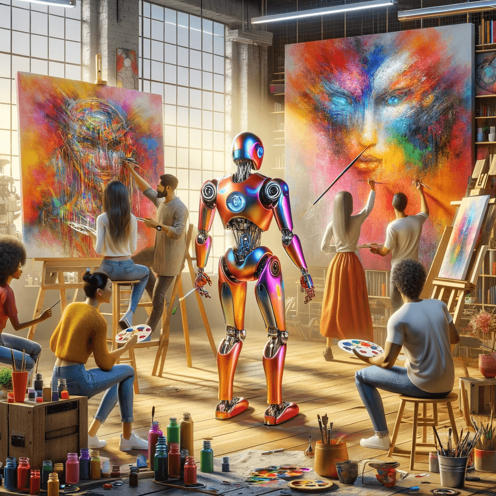 The image showcases a vibrant and creative art studio where several individuals and a humanoid robot are deeply engaged in painting. The studio is filled with natural light from large windows, highlighting two large canvases with abstract artwork. The individuals, along with the robot, are using palettes and brushes to create energetic and expressive paintings. The scene is a flurry of artistic activity, with paint bottles scattered on the floor, adding to the lively atmosphere of creativity and collaboration. This image captures the essence of artistic expression, blending human and robotic efforts in the creative process.