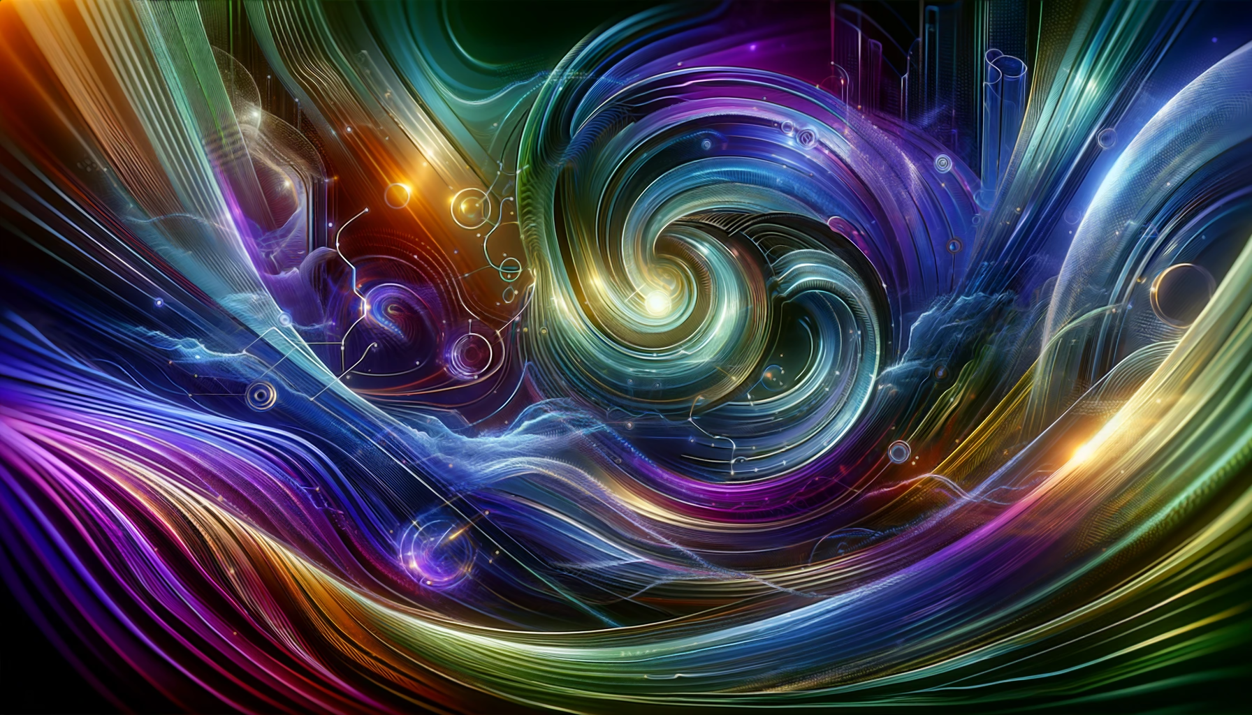 A vibrant and dynamic digital artwork featuring a swirling pattern of radiant colors, including blues, greens, purples, and yellows. The composition exudes a sense of motion and energy with light trails and abstract shapes intertwining, creating a mesmerizing effect. Glowing orbs are scattered throughout, adding to the ethereal quality of the piece. The overall mood conveyed is one of energy, motion, and dynamism, inviting viewers to immerse themselves in the abstract visual experience.