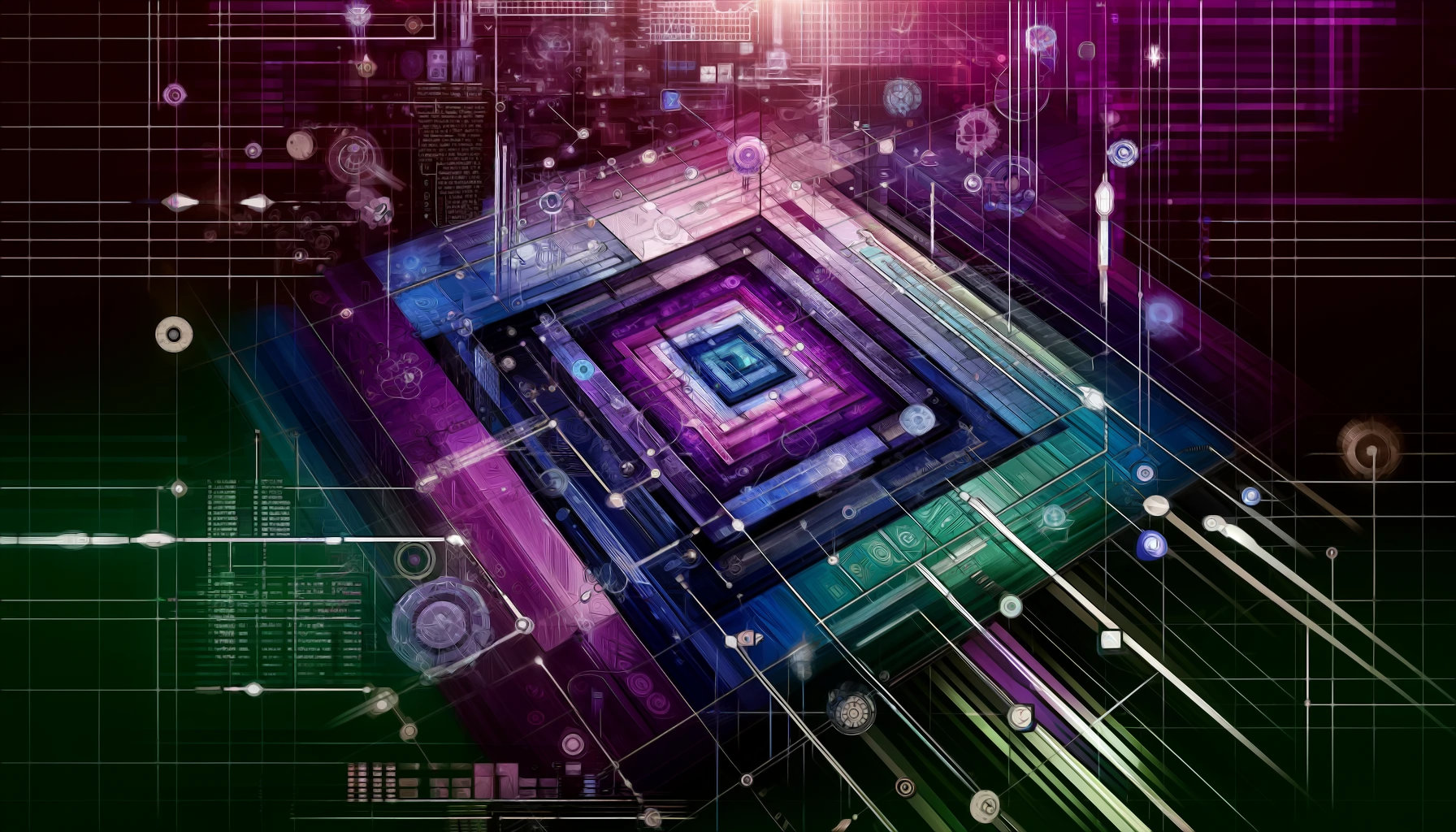 A complex and colorful digital artwork that represents a futuristic or abstract concept of technology. It features intricate layers of circuitry, grids, and geometric shapes illuminated in vibrant hues of purple, green, and blue. The central structure resembles a microchip or circuit board with multiple layers, surrounded by various geometric shapes and grid lines that add to the technological aesthetic. Light effects give certain parts of the design a dynamic and three-dimensional feel, while small icons resembling technical symbols are scattered across the image, enhancing the overall complexity and depth. This artwork might symbolize the intricate and interconnected nature of modern digital technology.