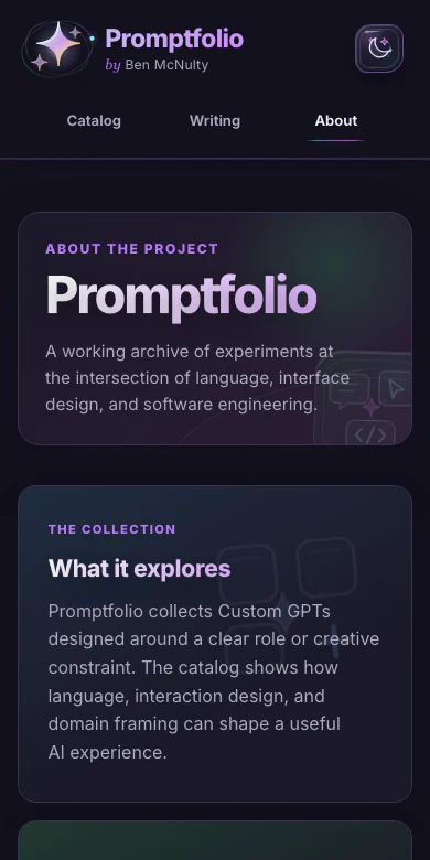 Promptfolio About page at mobile width after modernization