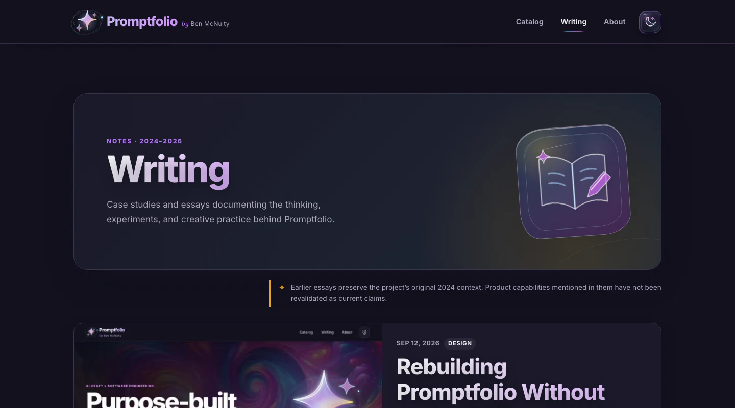 Promptfolio writing archive at desktop width after modernization