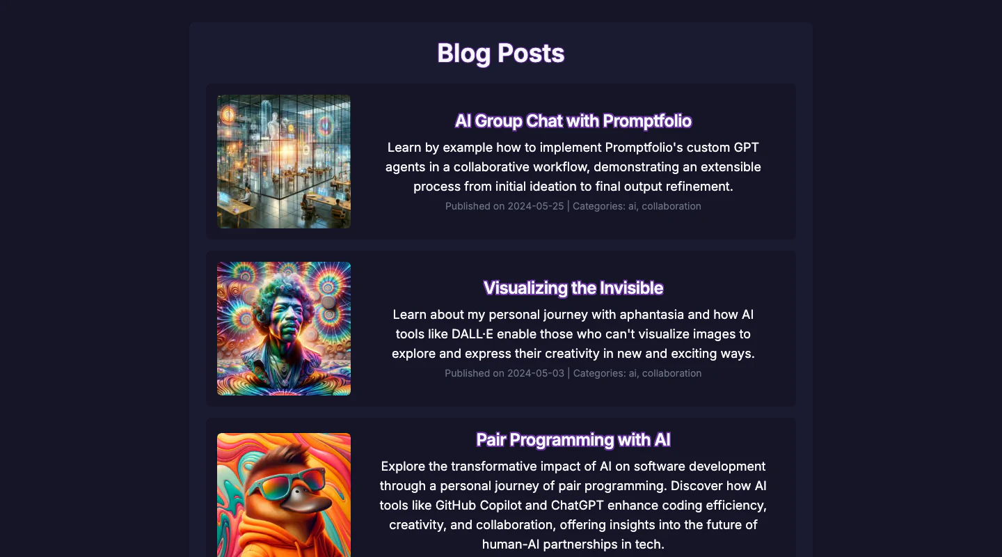 Promptfolio writing archive at desktop width before modernization