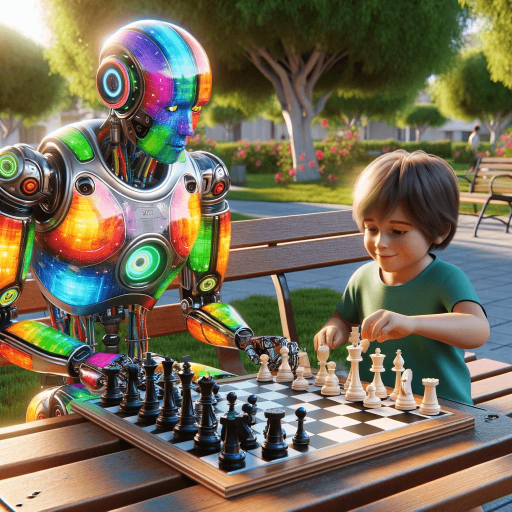 The image portrays a serene and engaging scene in a well-maintained park where a colorful robot and a person are sitting on a wooden bench, deeply engrossed in a game of chess. The robot is adorned with various colored lights, adding a vibrant touch to its intricate design. Both the robot and the individual are focused on the chessboard, which rests on their laps. The park setting is lush with green trees, grass, and flowers, bathed in daylight that enhances the warm and peaceful atmosphere of the moment. This image captures the harmonious blend of technology and leisure, as well as the potential for robots to partake in intellectual and social activities alongside humans.