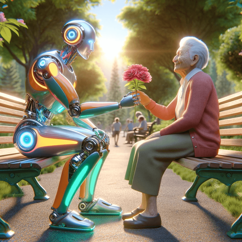 The image showcases a colorful robot with intricate design details, sitting on a park bench and handing a pink flower to an elderly individual. The setting is a vibrant park, bathed in sunlight, with lush greenery surrounding the scene. The robot's detailed appearance, with glowing elements, contrasts with the natural environment, creating a harmonious blend of technology and nature. The individual is dressed casually, and other park-goers can be seen in the background, enjoying the pleasant atmosphere. This image conveys a sense of warmth and friendliness, as the robot interacts gently with the person beside it.