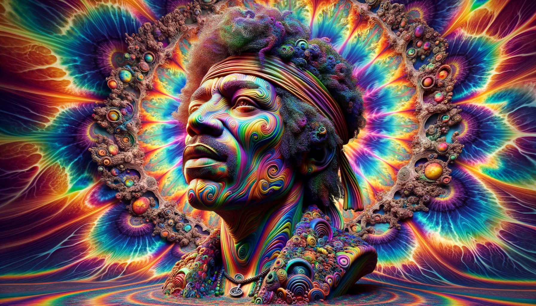 A vibrant and dynamic surreal artwork featuring a bust of Jimi Hendrix with a swirling pattern of radiant colors, including blues, greens, purples, and yellows. The composition exudes a sense of motion and energy with light trails and abstract shapes intertwining, creating a mesmerizing effect. The overall mood conveyed is one of energy, motion, and dynamism, inviting viewers to immerse themselves in the abstract visual experience.