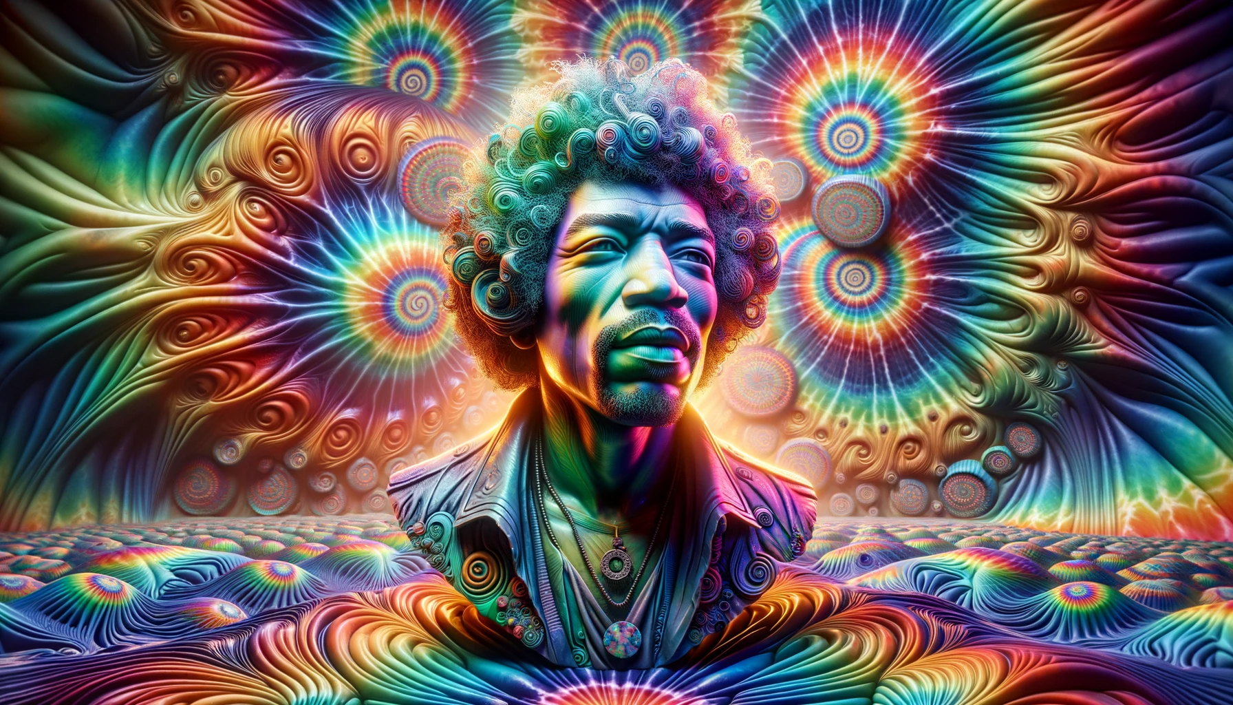 A vibrant and dynamic surreal artwork featuring a bust of Jimi Hendrix with a swirling pattern of radiant colors, including blues, greens, purples, and yellows. The composition exudes a sense of motion and energy with light trails and abstract shapes intertwining, creating a mesmerizing effect. The overall mood conveyed is one of energy, motion, and dynamism, inviting viewers to immerse themselves in the abstract visual experience.