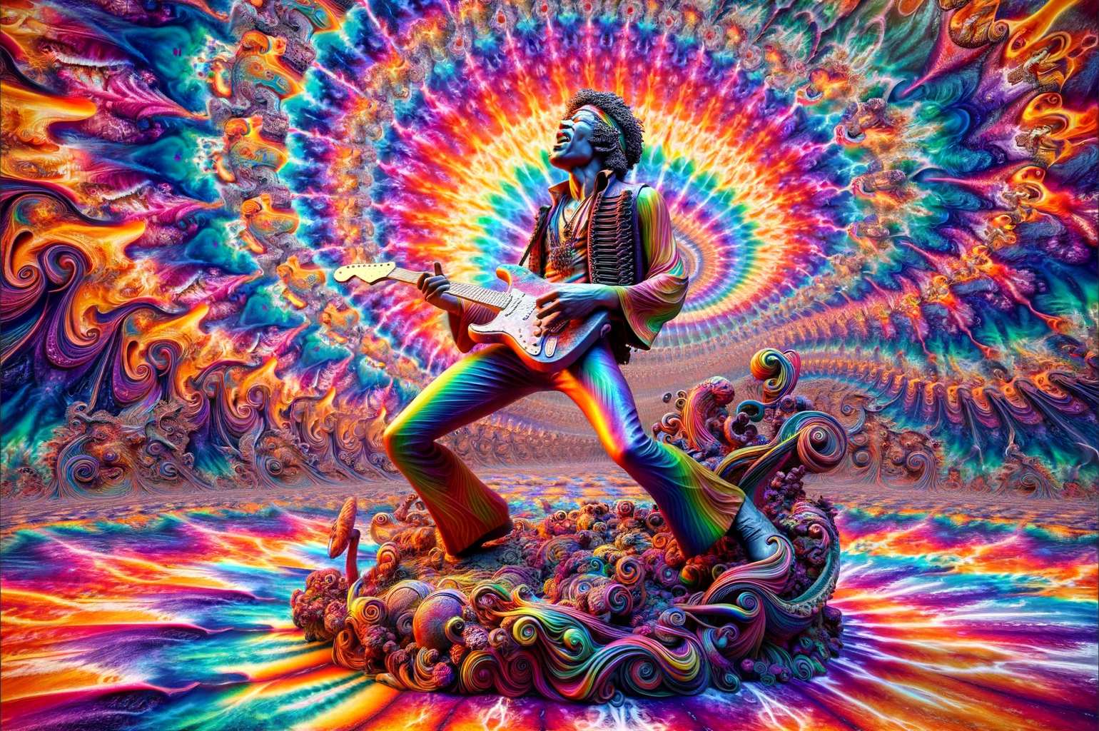 A vibrant and dynamic surreal artwork featuring Jimi Hendrix playing guitar with a swirling pattern of radiant colors, including blues, greens, purples, and yellows. The composition exudes a sense of motion and energy with light trails and abstract shapes intertwining, creating a mesmerizing effect. The overall mood conveyed is one of energy, motion, and dynamism, inviting viewers to immerse themselves in the abstract visual experience.