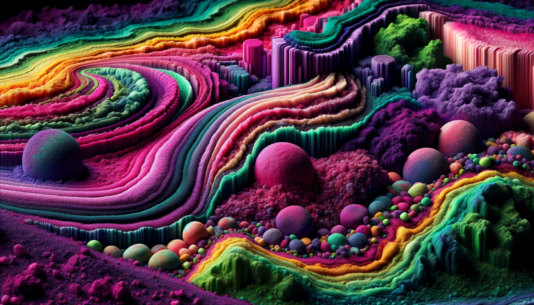 The image presents a vibrant and colorful abstract landscape with layered, undulating terrains in various hues, interspersed with spherical shapes. The colors range from bright pinks, greens, yellows to darker purples and blues, creating a psychedelic effect. The textures vary, appearing soft and fluffy in some areas and more structured in others, contributing to the mesmerizing visual experience of the artwork. This abstract representation of a landscape showcases a blend of creativity and imagination, inviting viewers to interpret the scene in their own unique way.