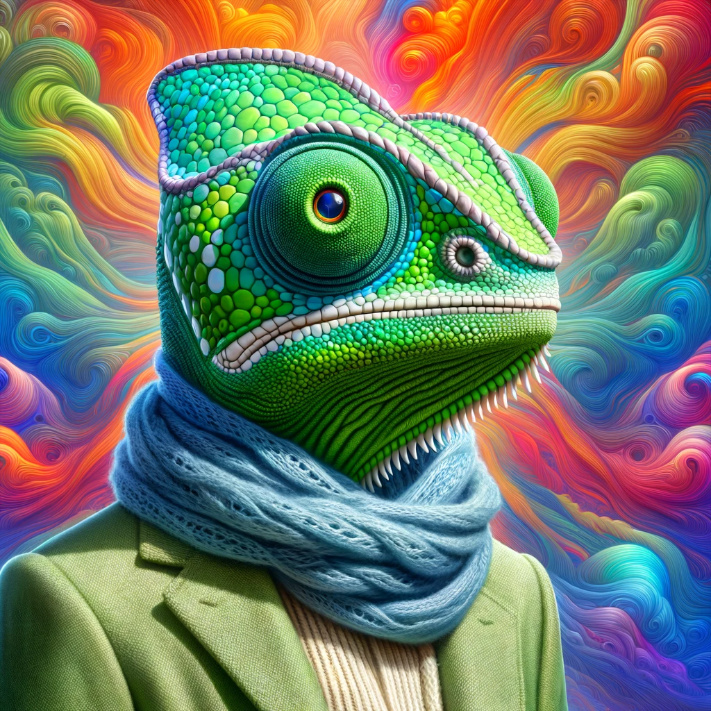 Anthropomorphic chameleon with textured and multicolored skin, dressed in a light green suit and a blue scarf, set against a vibrant, abstract background.