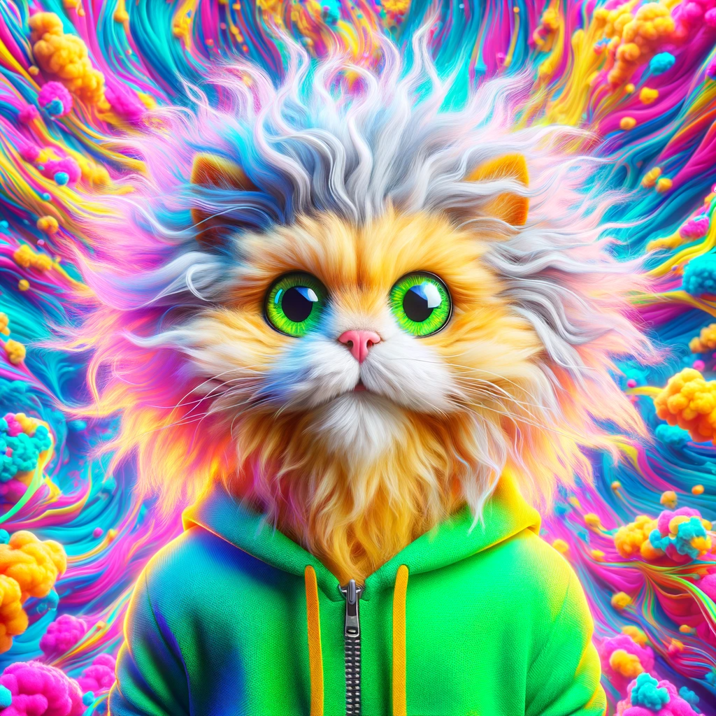 Digital art of a cat with a rainbow mane and green hoodie, set against a psychedelic background.