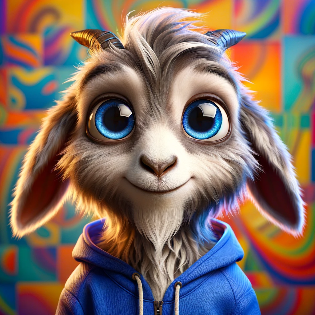 Digital art of a friendly goat wearing a blue hoodie against a colorful graffiti background.