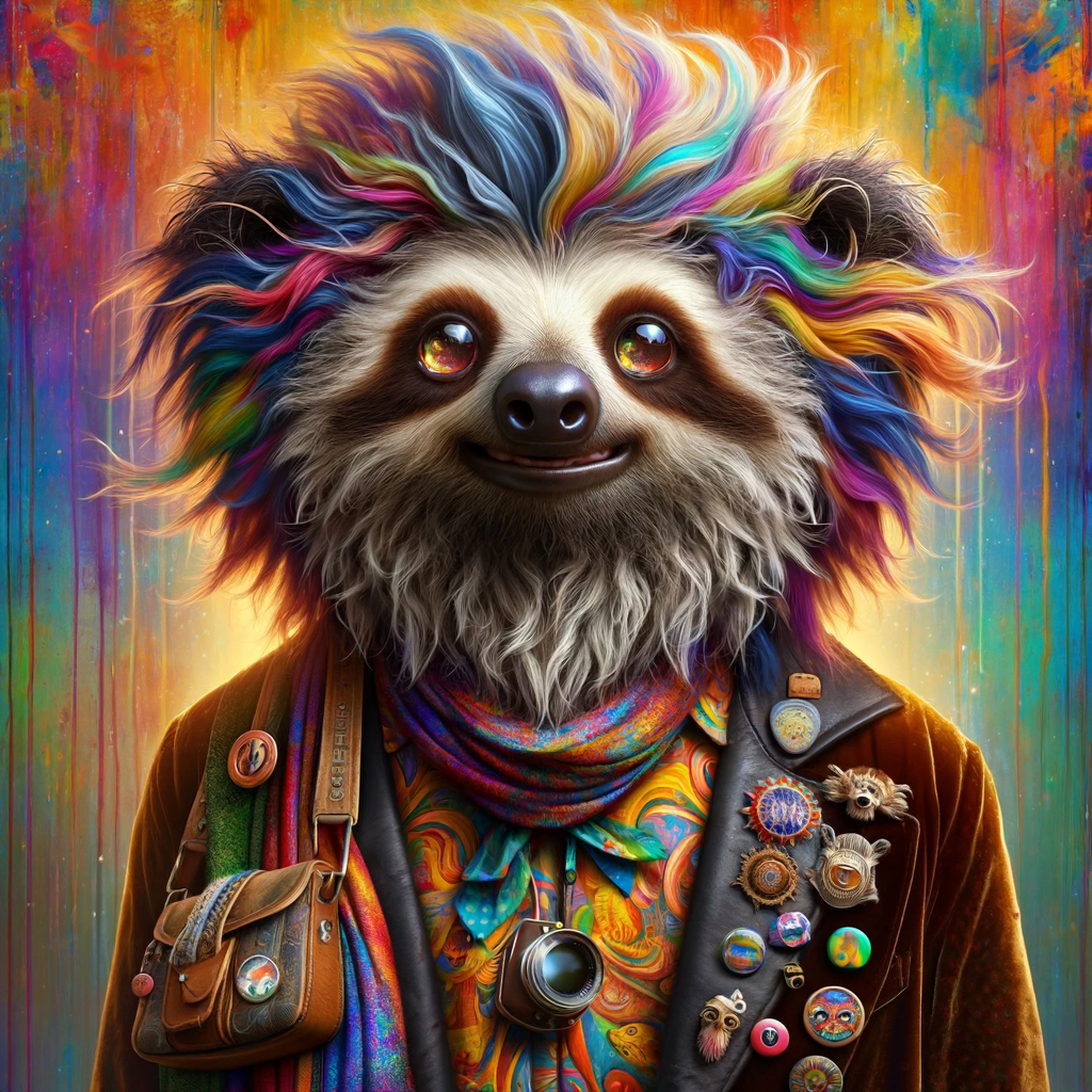 An anthropomorphic Sloth Bear set against a vibrant, abstract background. They have multicolored hair and are wearing a colorful scarf and a coat adorned with various eclectic pins and buttons. The overall impression is one of vibrancy and eclectic style.