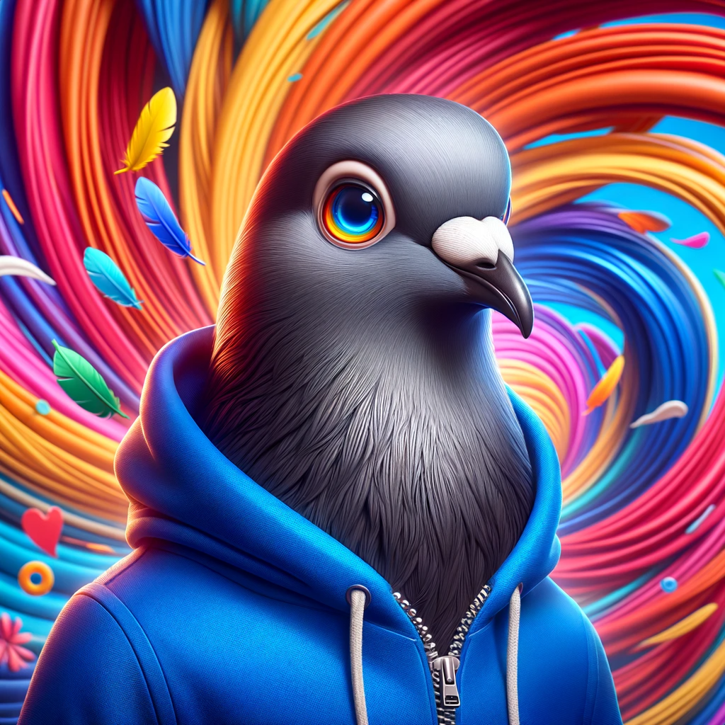 Digital illustration of a pigeon in a blue hoodie, with a colorful abstract background.