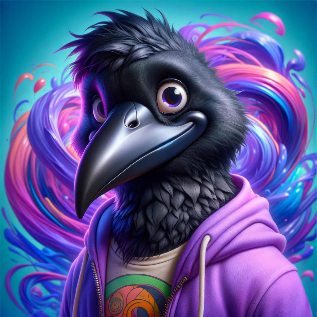Illustration of a crow in a purple hoodie and rainbow t-shirt, against a blue and purple swirl.