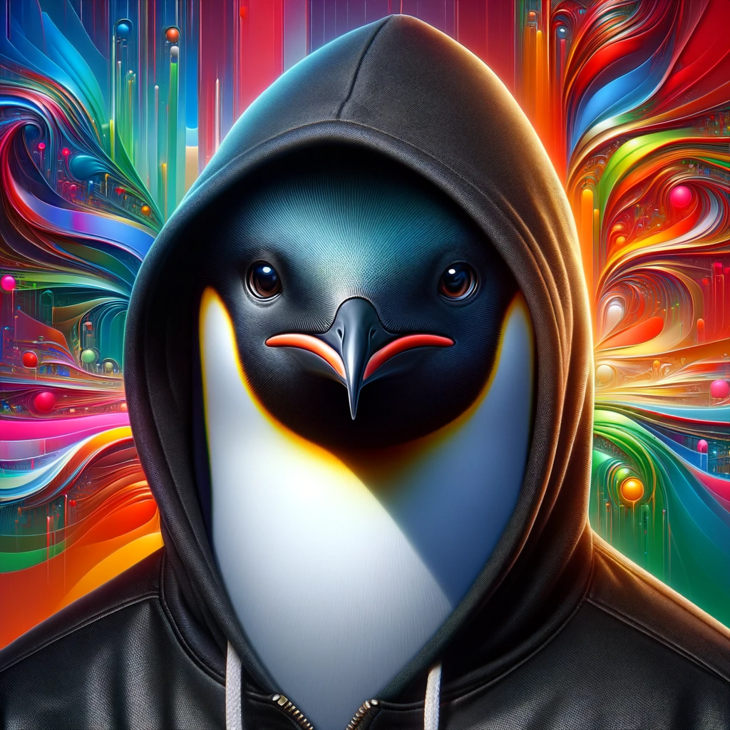 Abstract art featuring a penguin in a black hoodie with a vibrant, psychedelic background.
