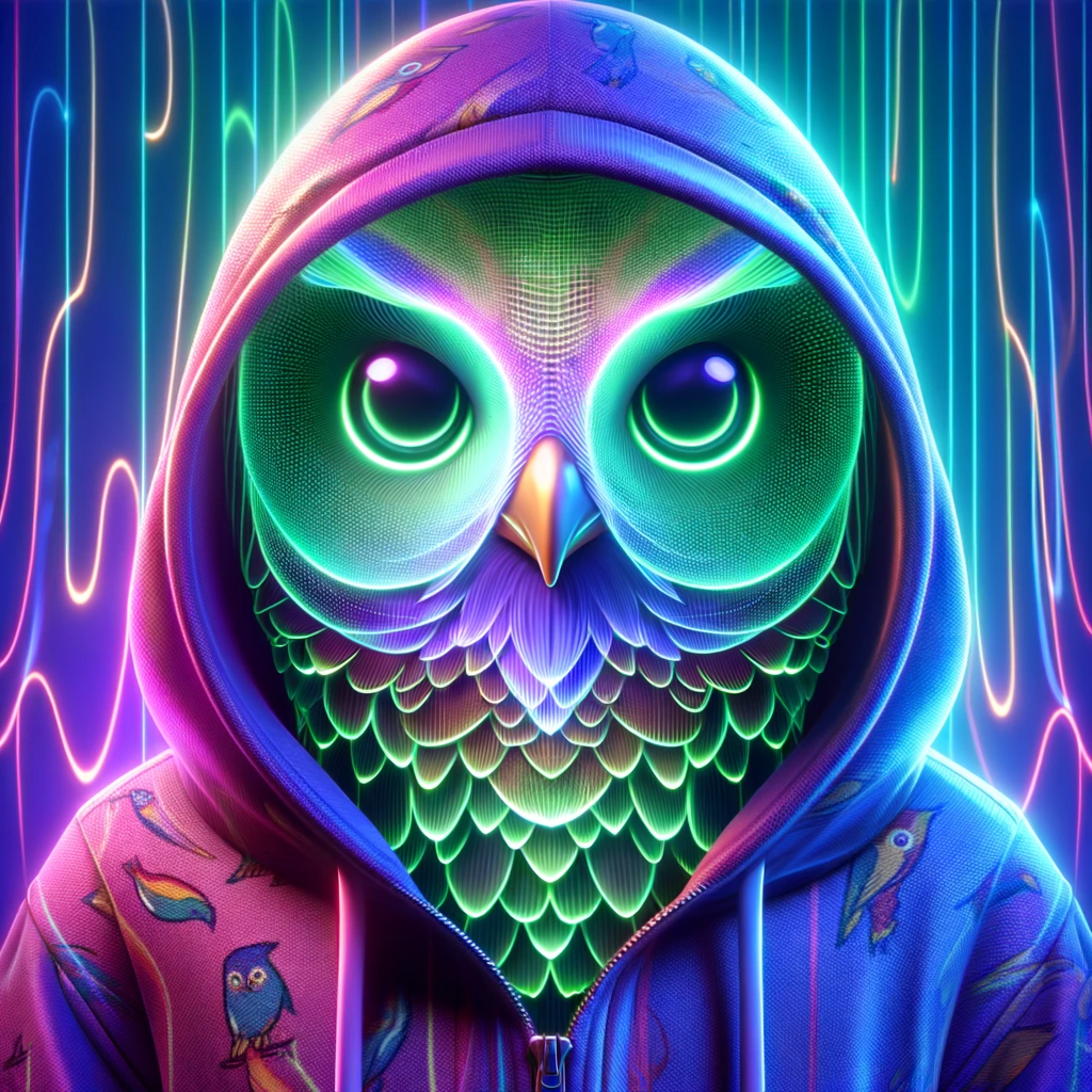Digital art of an owl in a hoodie, with a blue square face and neon background.