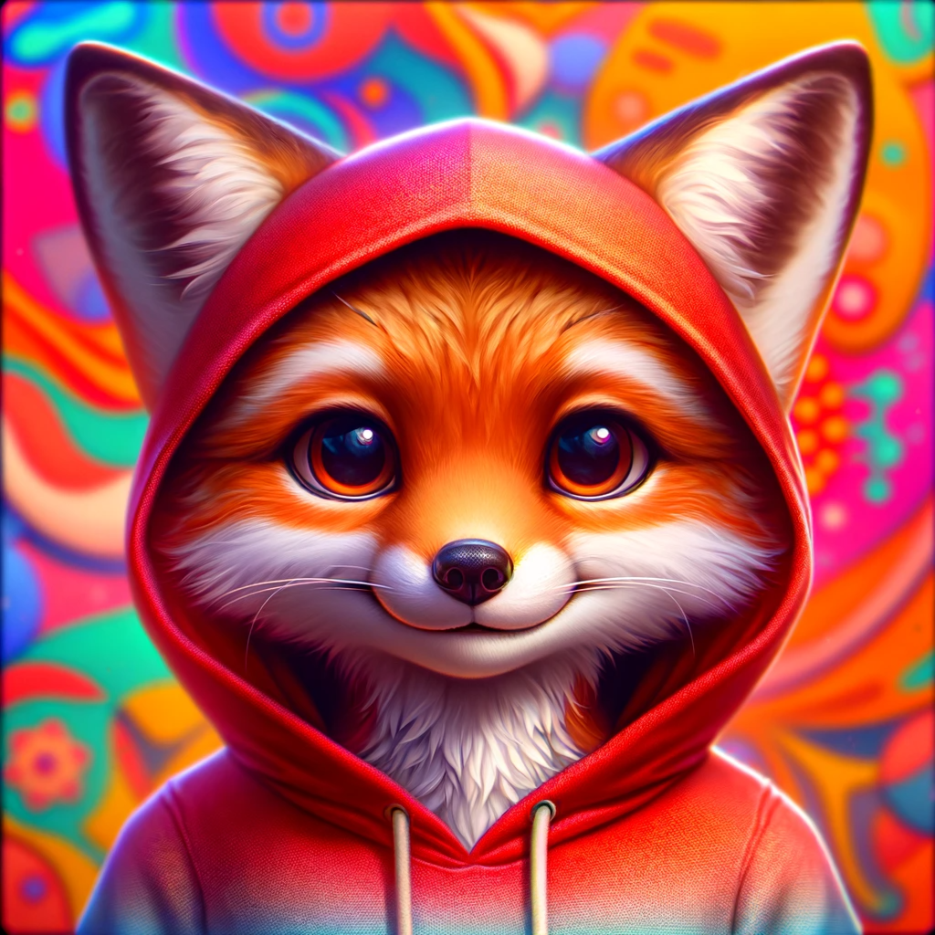 Digital image of a white fox in a red hoodie, with bright, psychedelic background colors.