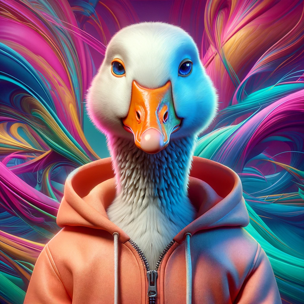 Digital art of a goose in a peach hoodie, with a dynamic pink, blue, and purple background.