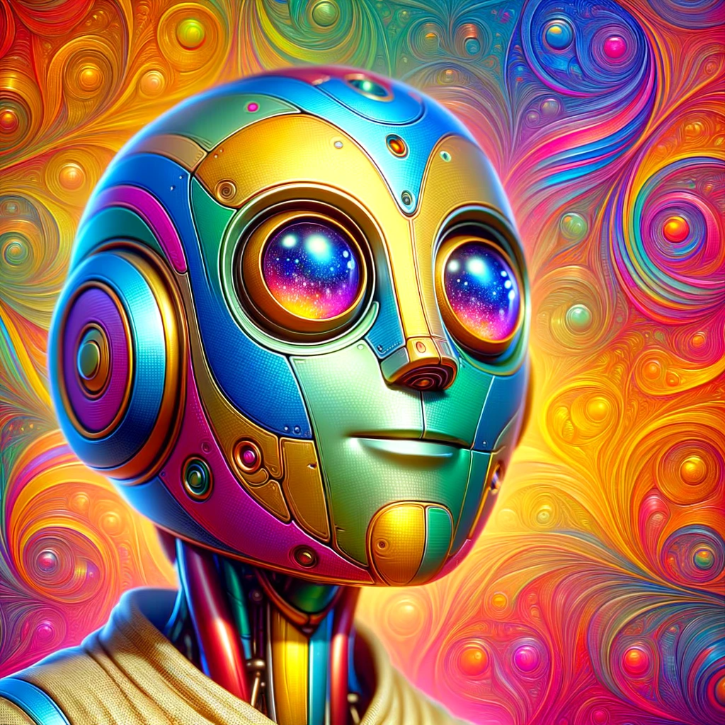 A metallic blue and gold robot, set against a vibrant, psychedelic background.