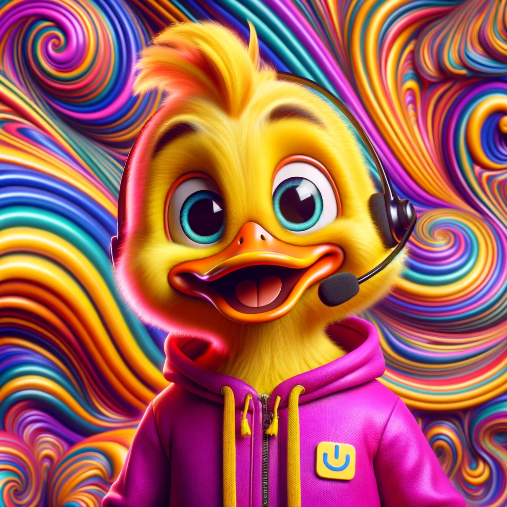 Art of a yellow duck in a pink hoodie, with vibrant pink, blue, and purple swirls.