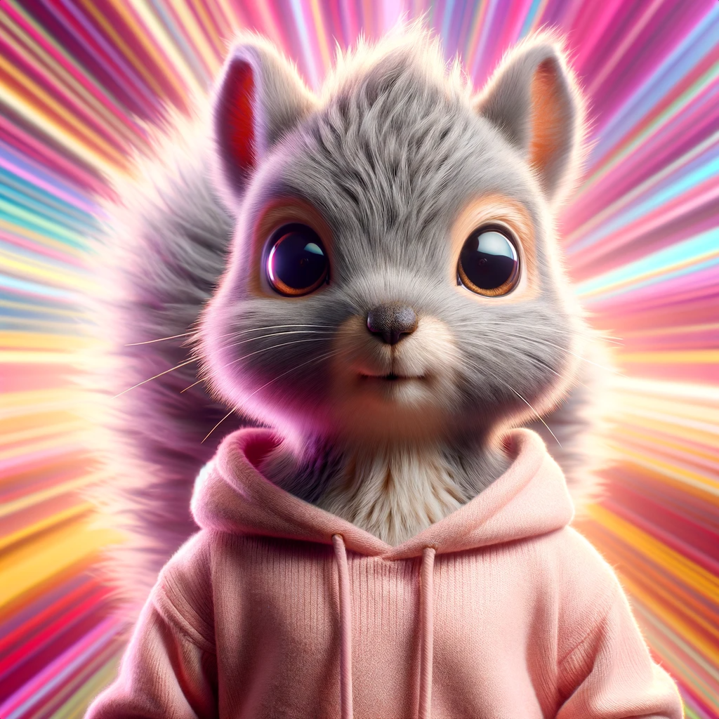 Image of a gray squirrel in a pink hoodie against an abstract strategic background.