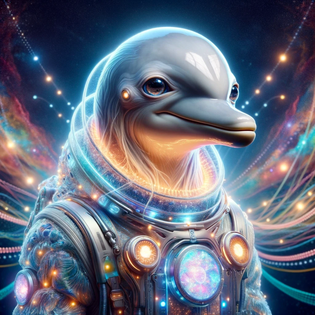 Photorealistic anthropomorphic dolphin-descendant in a holographic spacesuit, with intergalactic art background.